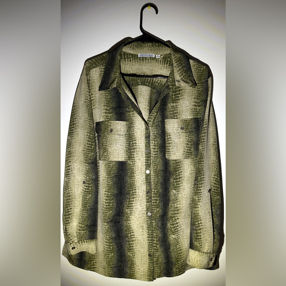 Notations Plus Size 3X Olive Green Animal Print Blouse – Casual Chic Style